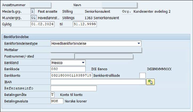 Skjermbilde som viser eksempel på registrering av CLABE i IT0009 i SAP. Skjermbilde som viser eksempel på registrering av CLABE i IT0009 i SAP.